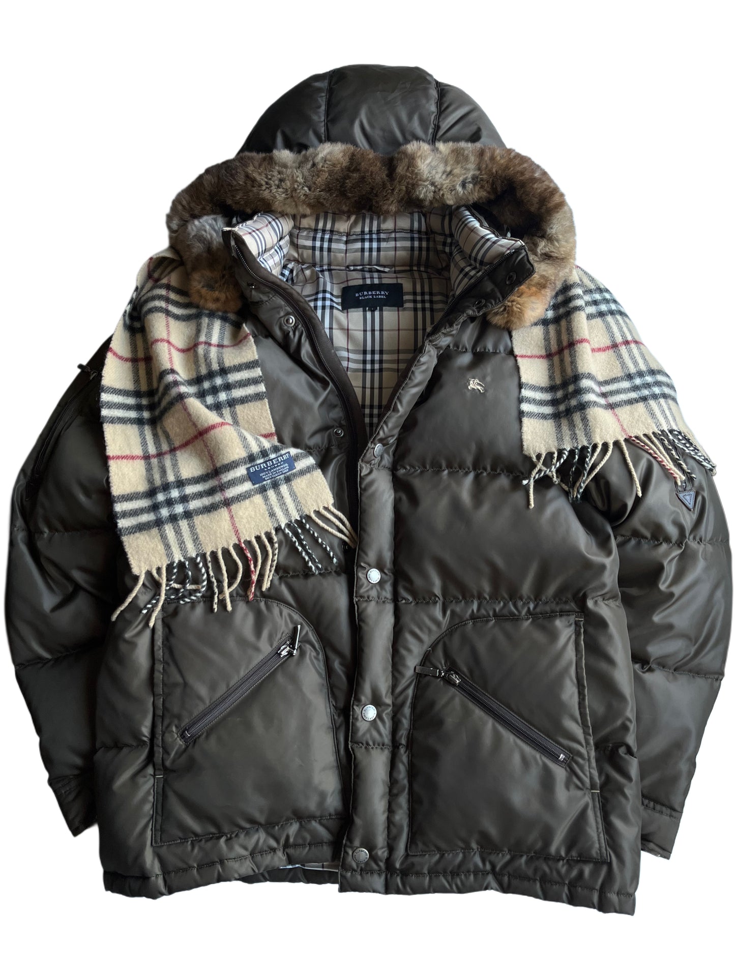 00’s BURBERRY made in Japan real fur down jacket (L) - olive green