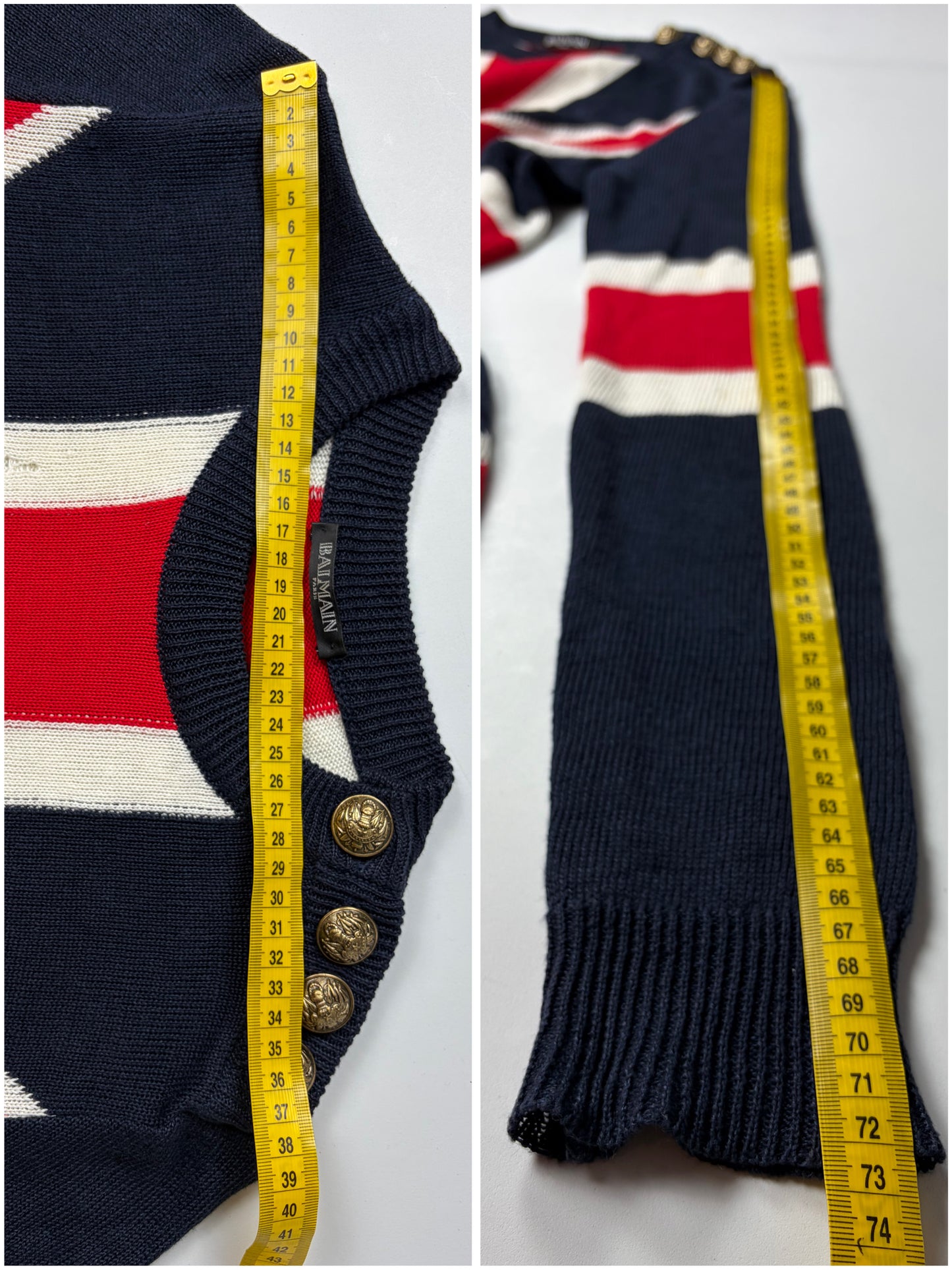 2016 BALMAIN runway distressed Union Jack knit sweater - size S/M