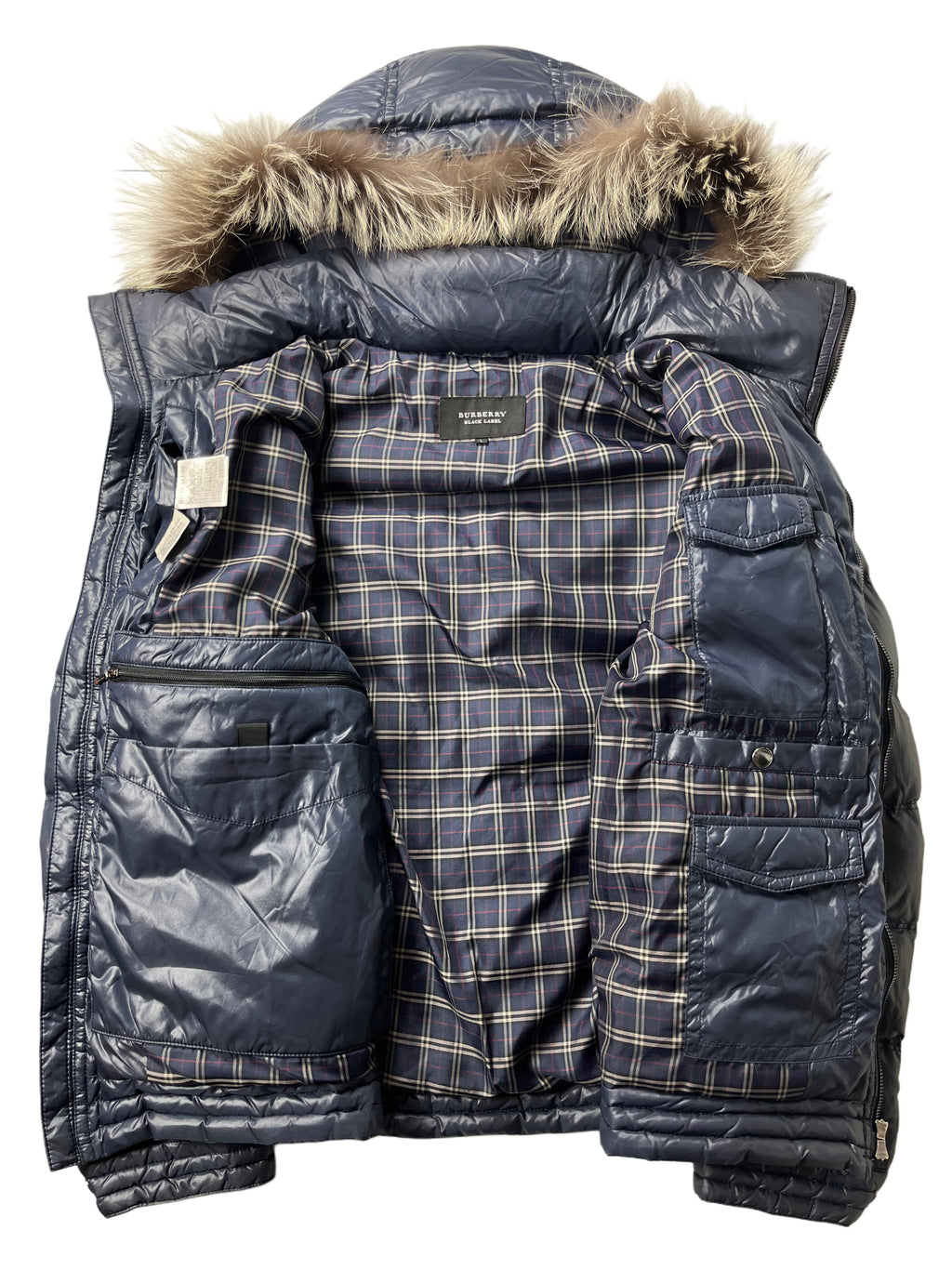 00’s BURBERRY made in Japan real fur down jacket (M/L) - navy