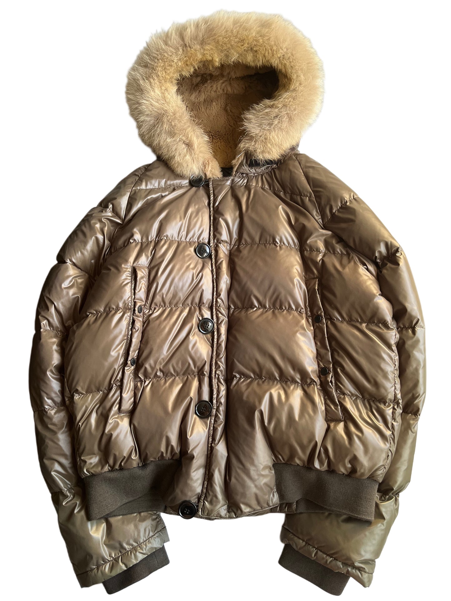 00’s MONCLER BULGARI real fur down jacket - size 5 (xl/xxl) - khaki