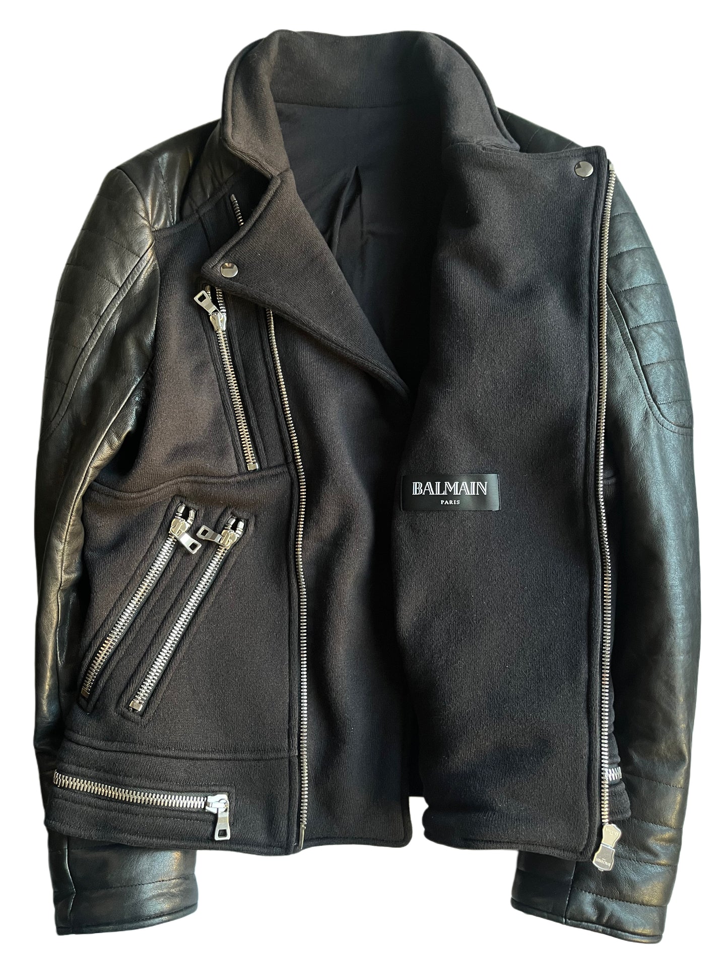 2015 BALMAIN leather & cotton biker jacket - size L - black