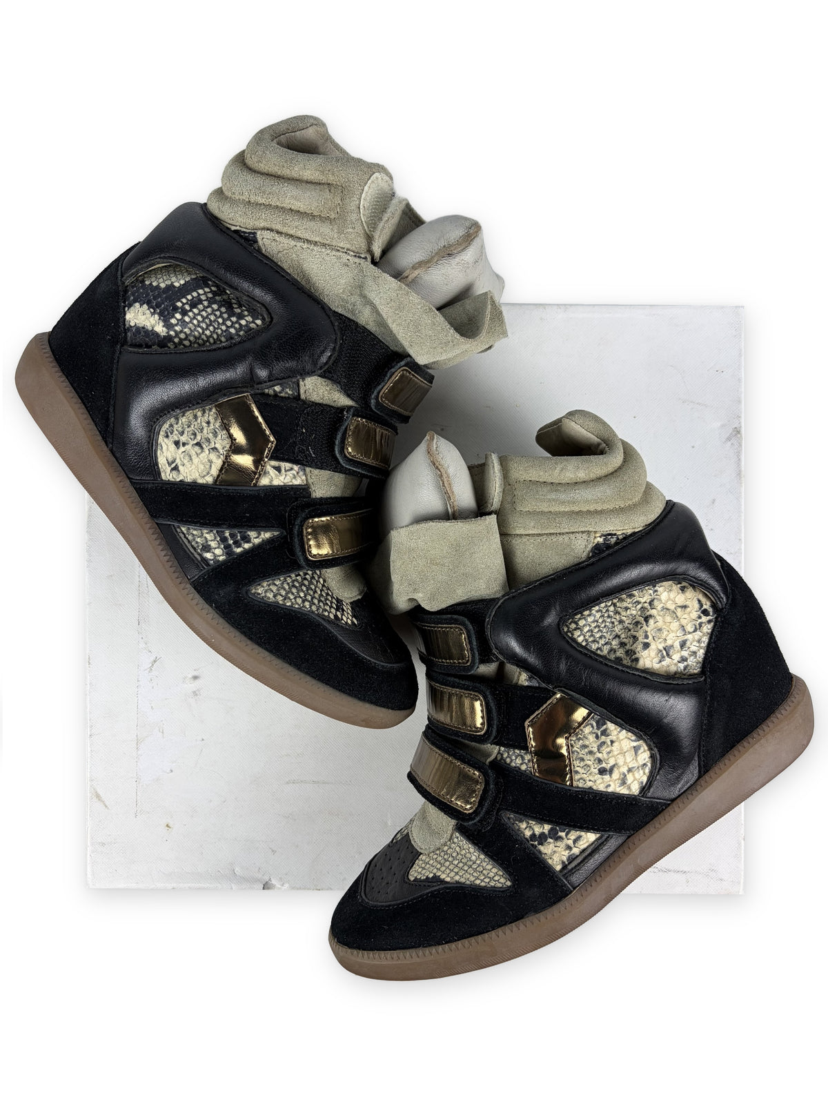 Isabel Marant Bonny python-print wedge sneakers - eu 37 / us 7 / uk 4 - black & gold
