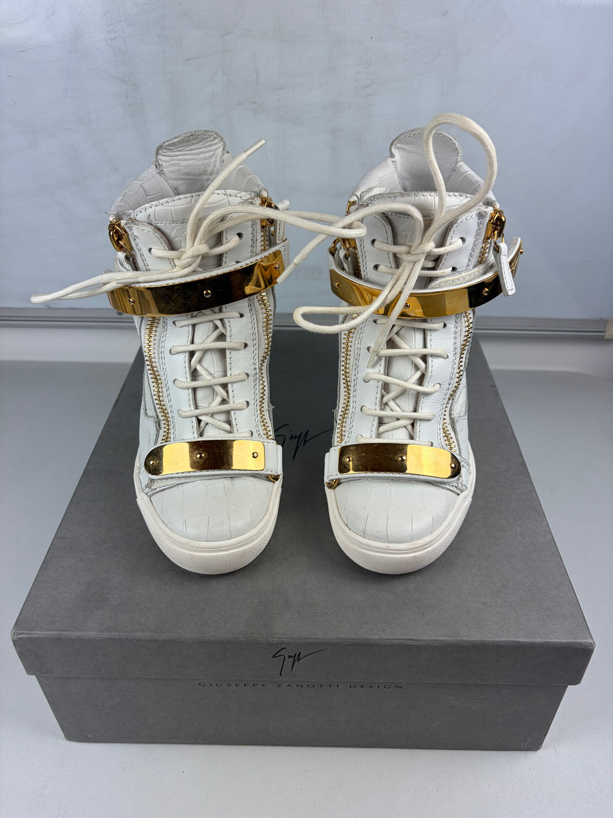 Giuseppe Zanotti white croc-embossed leather wedge sneakers - eu 37.5 / us 7.5 / uk 4.5