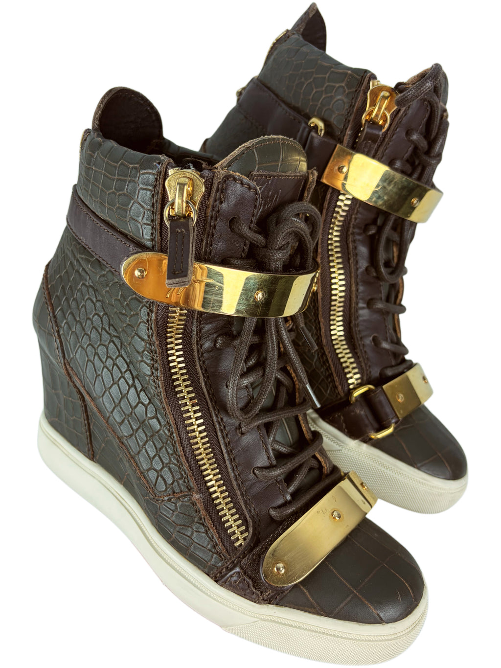 Giuseppe Zanotti dark green croc-embossed leather wedges - eu 37.5 / us 7.5 / uk 4.5