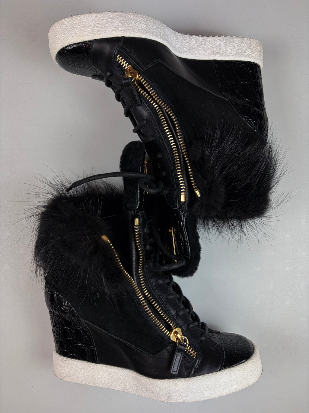 Giuseppe Zanotti fur & croc-embossed leather wedge sneakers - eu 39 / us 9 / uk 6 - black