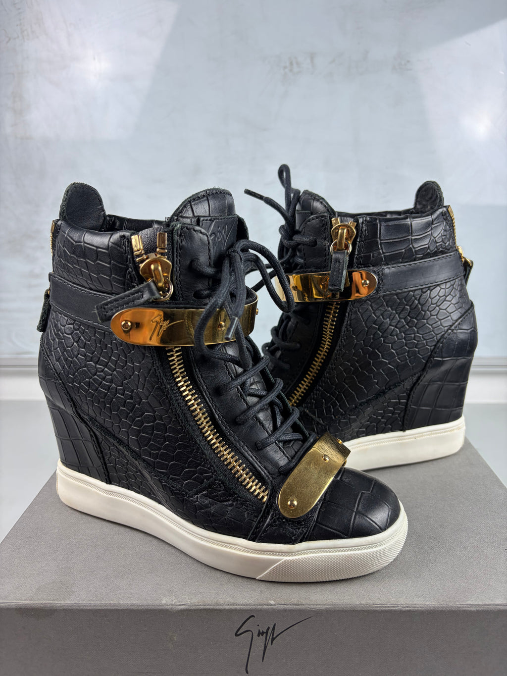 Giuseppe Zanotti black croc-embossed leather wedge sneakers - eu 36 / us 6