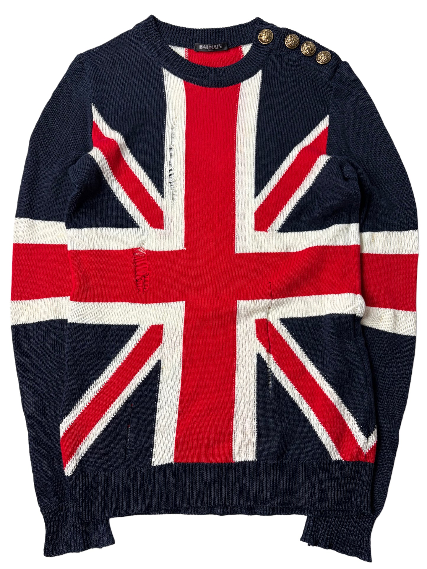 2016 BALMAIN runway distressed Union Jack knit sweater - size S/M