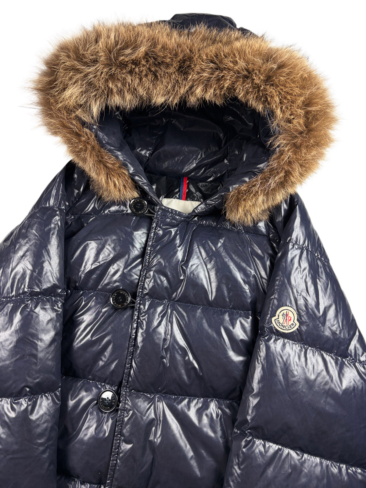 MONCLER real fur down jacket - men’s size 2 (M) - navy blue