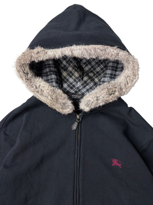 00’s Burberry Black Label rabbit fur zip up hoodie - L/XL - black