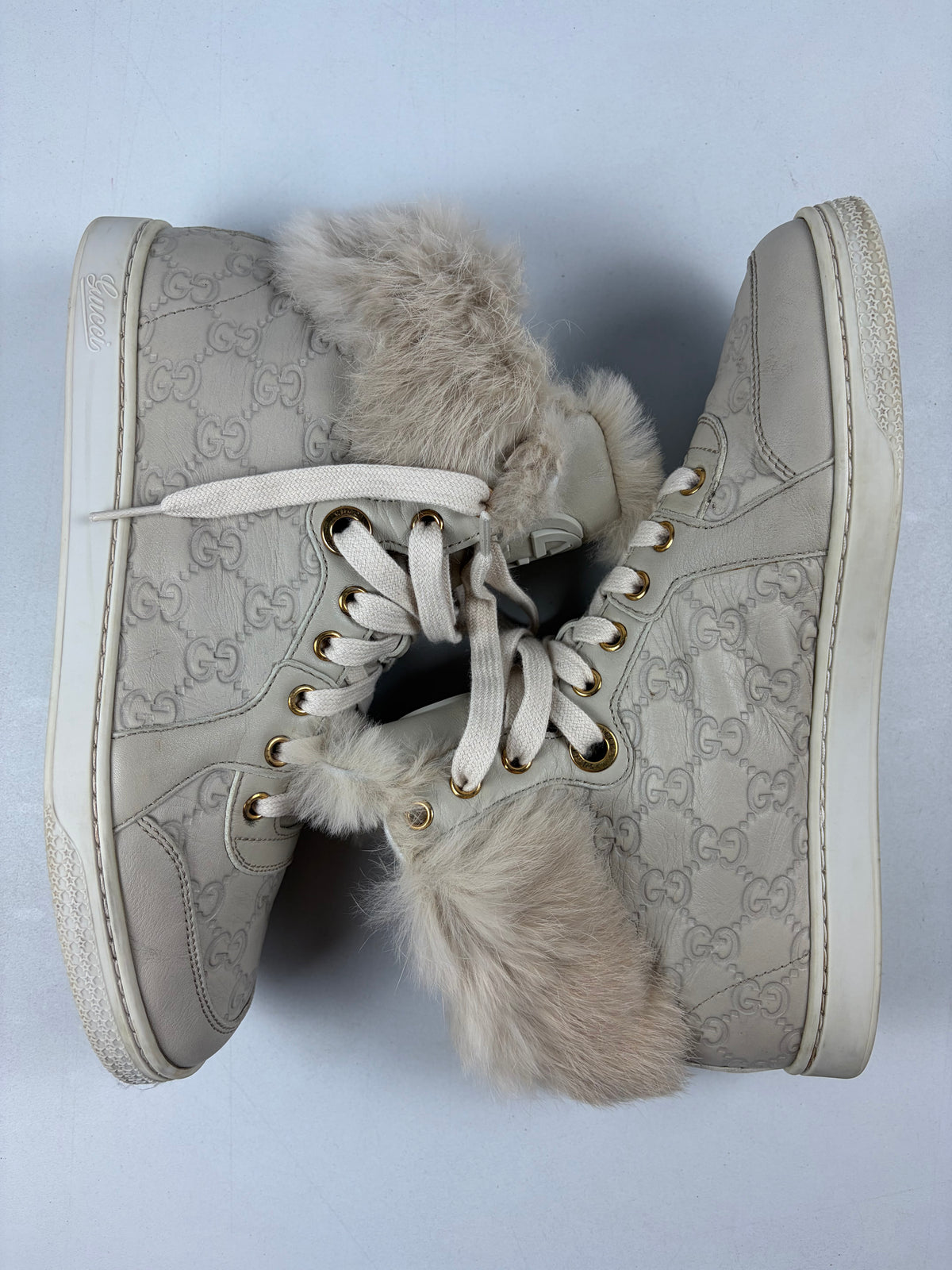 GUCCI Coda fur-trim high tops - eu 39 / us 9 / uk 6 - tan beige
