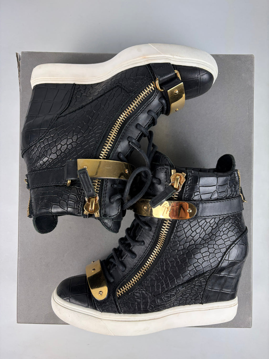 Giuseppe Zanotti black croc-embossed leather wedge sneakers - eu 36 / us 6