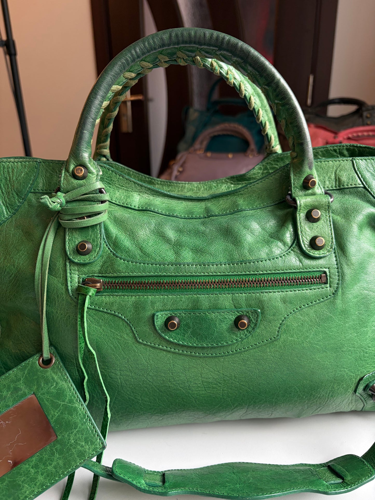 2009 BALENCIAGA Green Lambskin Motorcycle City Bag - green