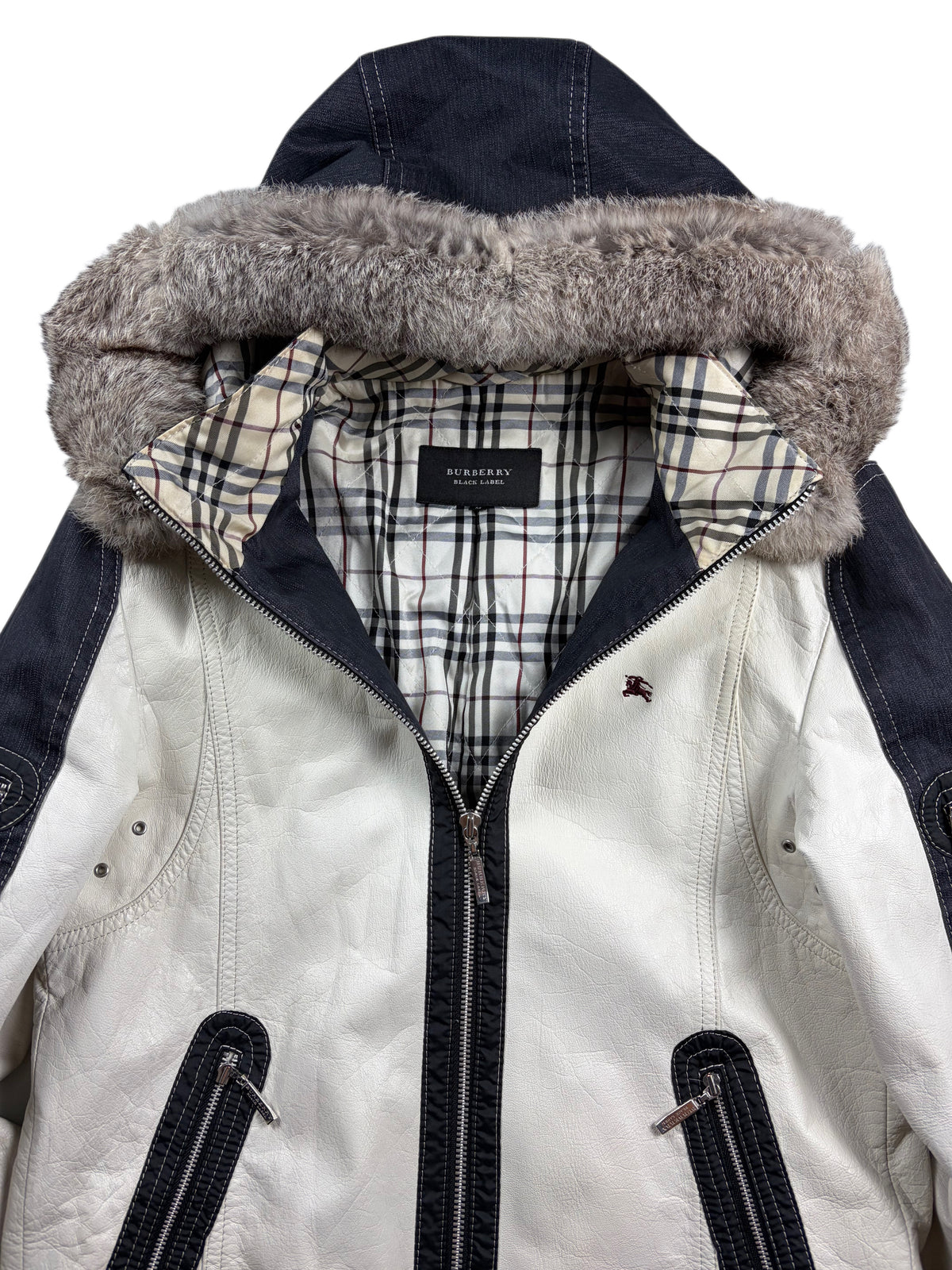 00’s BURBERRY Black Label leather & denim rabbit fur hooded jacket (S/M) - white & navy