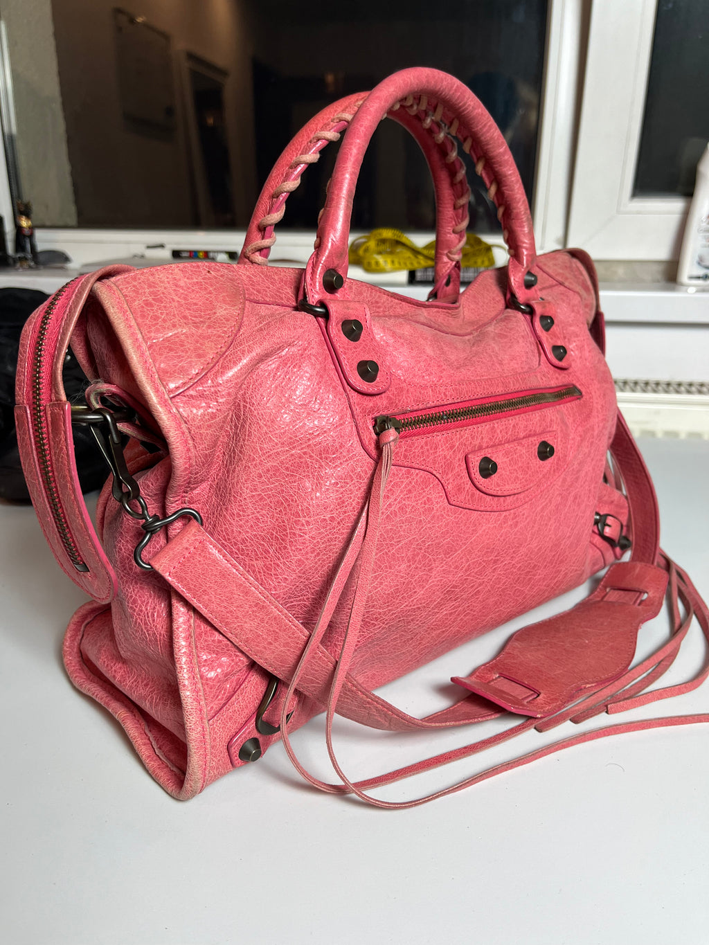 2011 BALENCIAGA Pink Lambskin Leather Motorcycle City Bag - pink