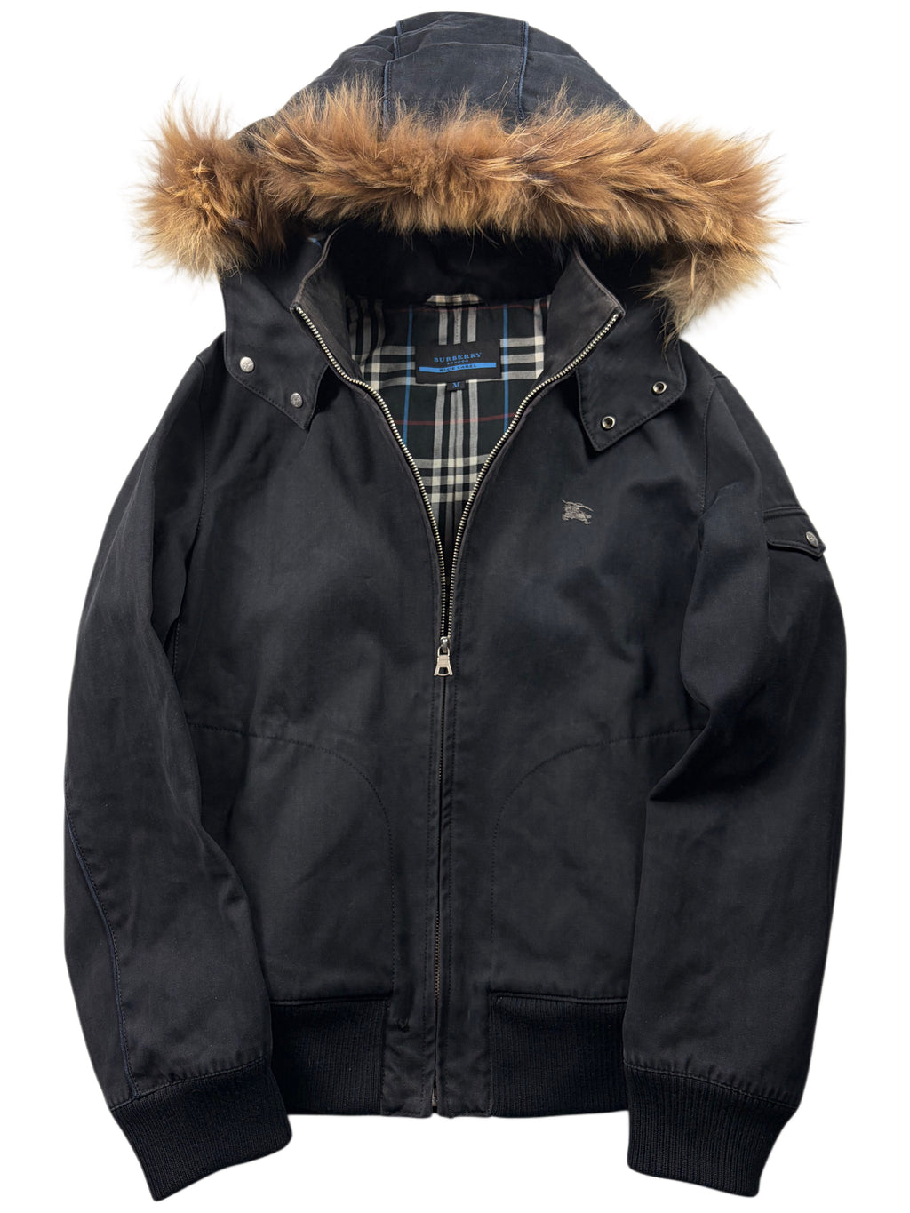 00’s BURBERRY Blue Label real fur hooded cotton bomber jacket (S/M) - black