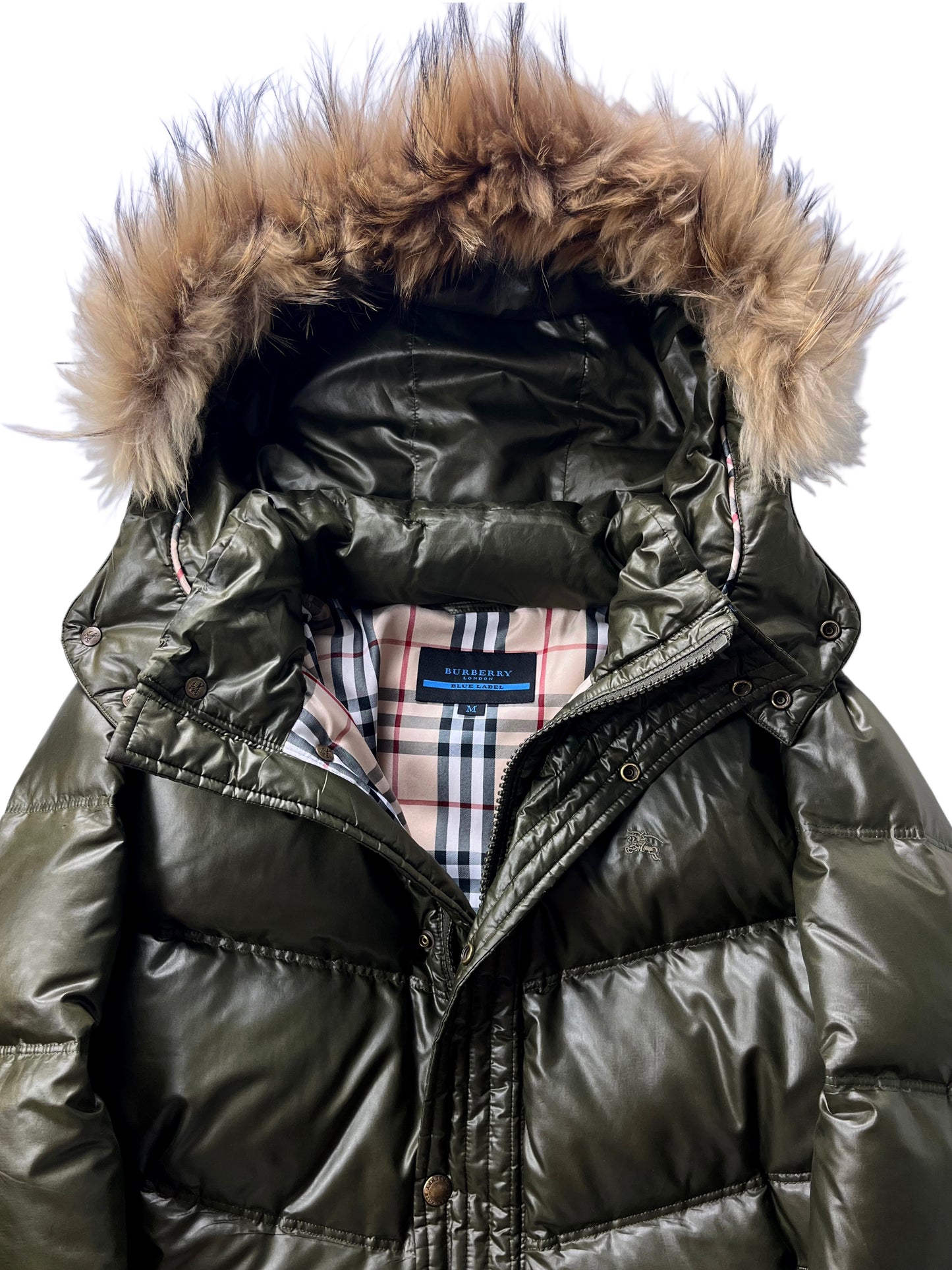 00’s BURBERRY made in Japan real fur down jacket (S/M) - dark green