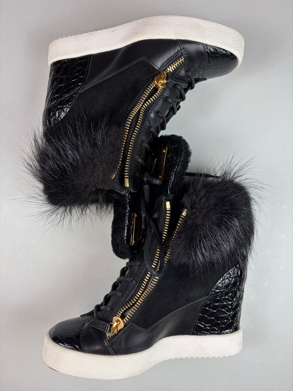 Giuseppe Zanotti fur & croc-embossed leather wedge sneakers - eu 39 / us 9 / uk 6 - black