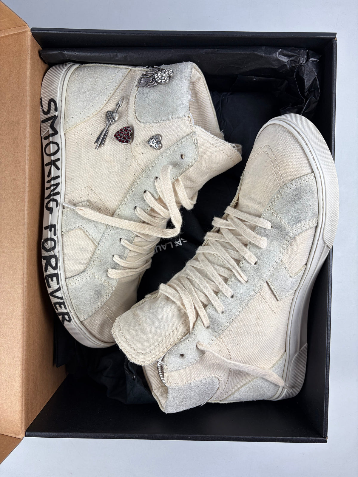 Saint Laurent ‘Smoking Forever’ canvas & suede high tops - eu41.5/us8.5/uk7.5
