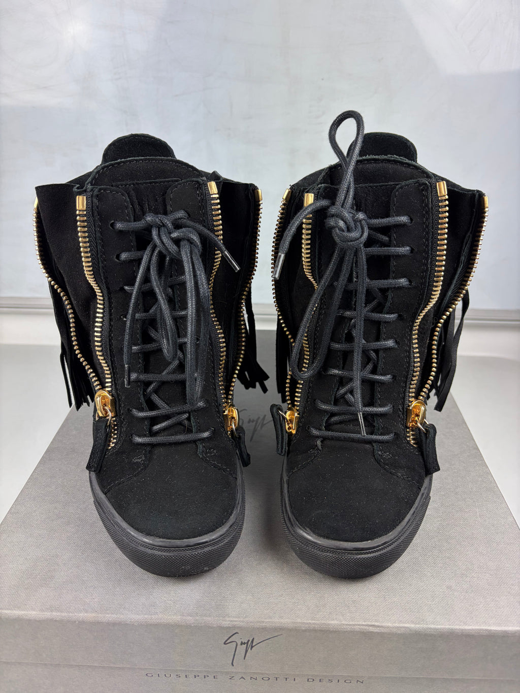 Giuseppe Zanotti black suede fringe wedge sneakers - eu 38 / us 8 / uk 5