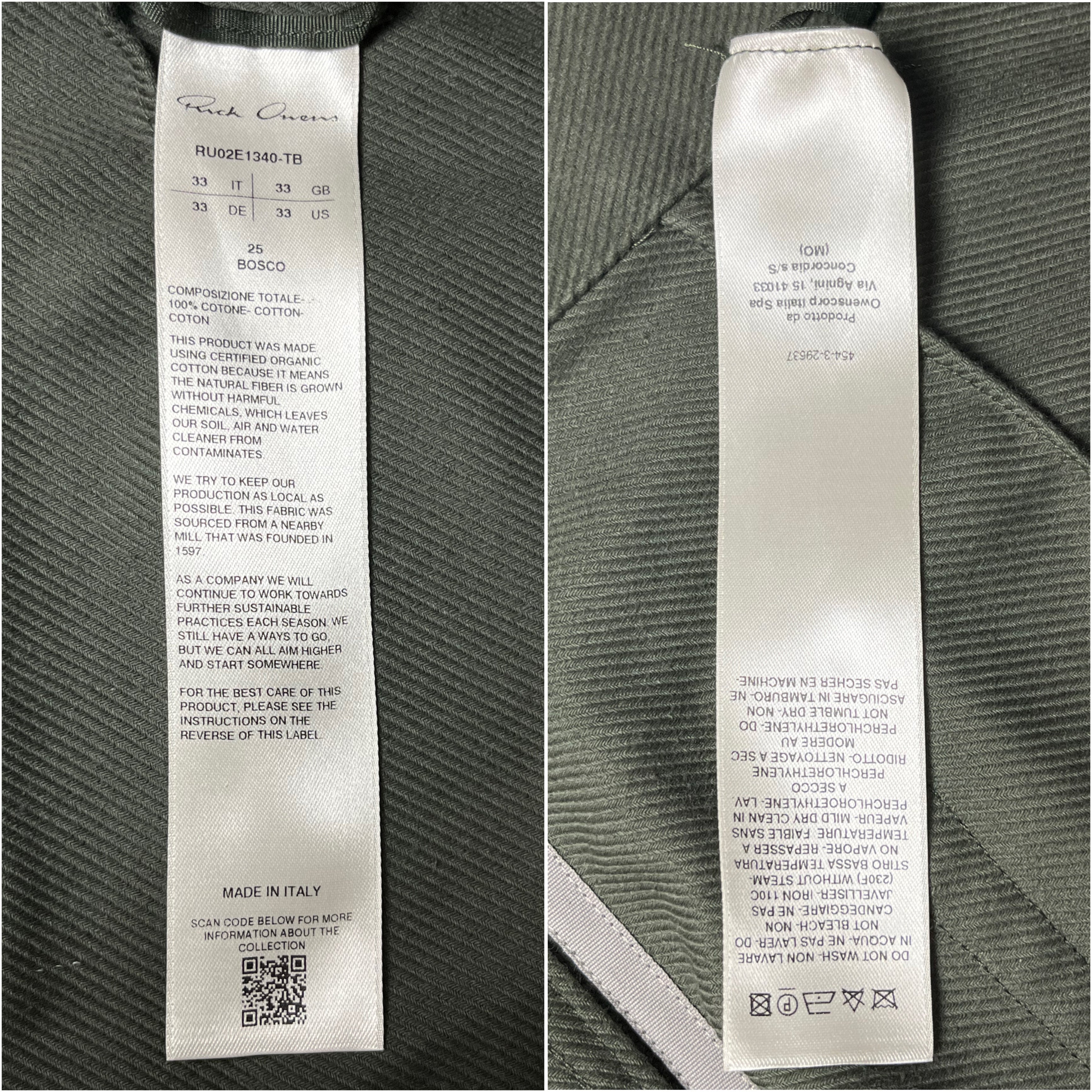 RICK OWENS CONCORDIANS DOUBLE CARGO JEANS -  W33 - military green