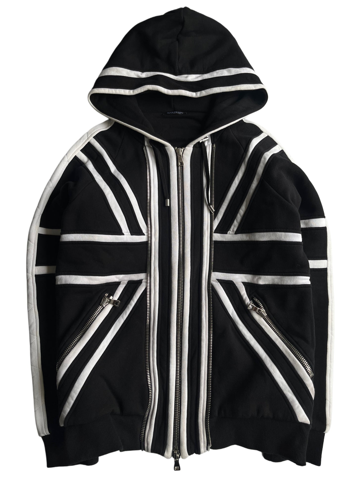 Balmain Union Jack multi zips heavy cotton hoodie (L) - black