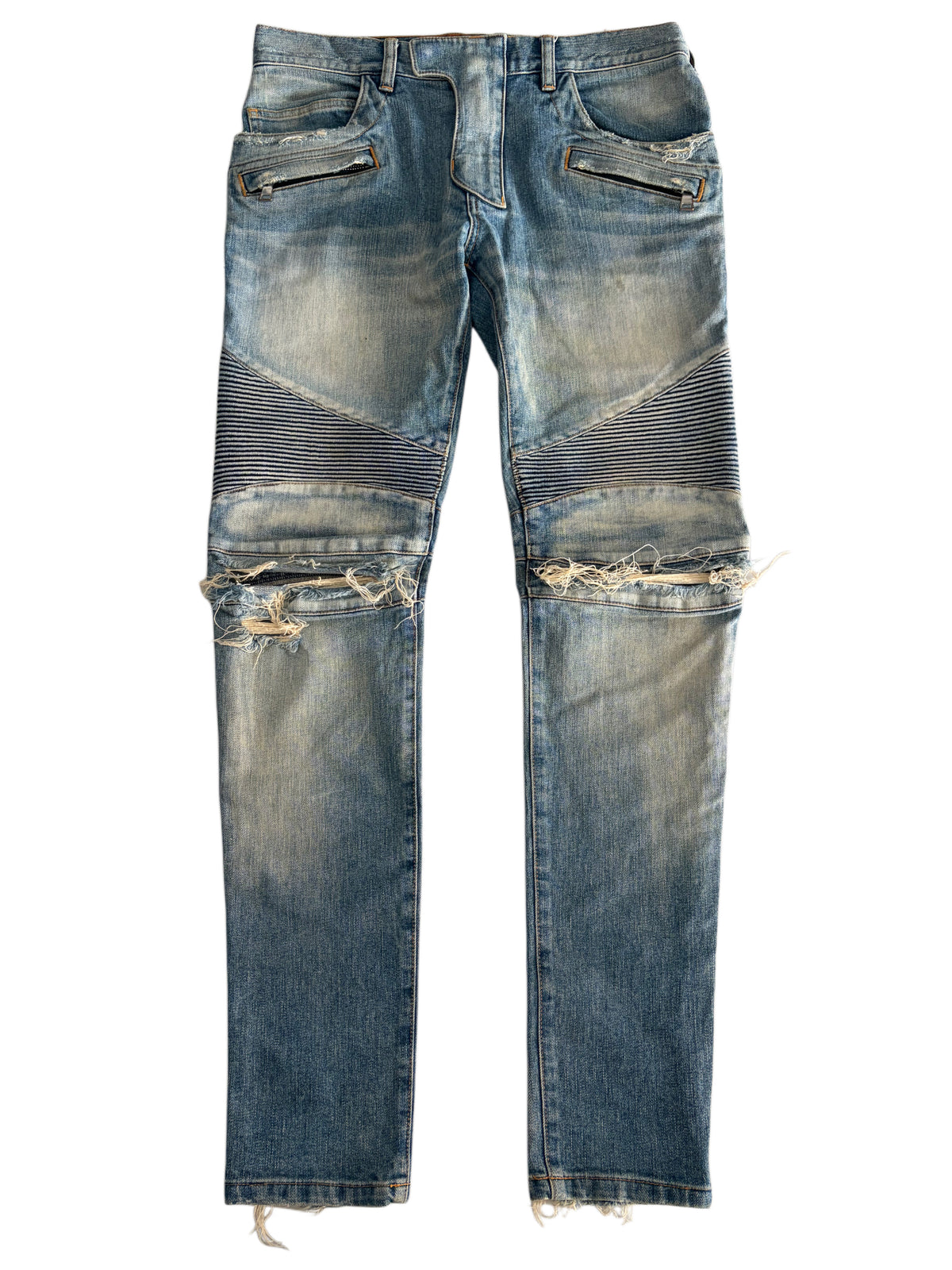 BALMAIN distressed ribbed biker denim - 32