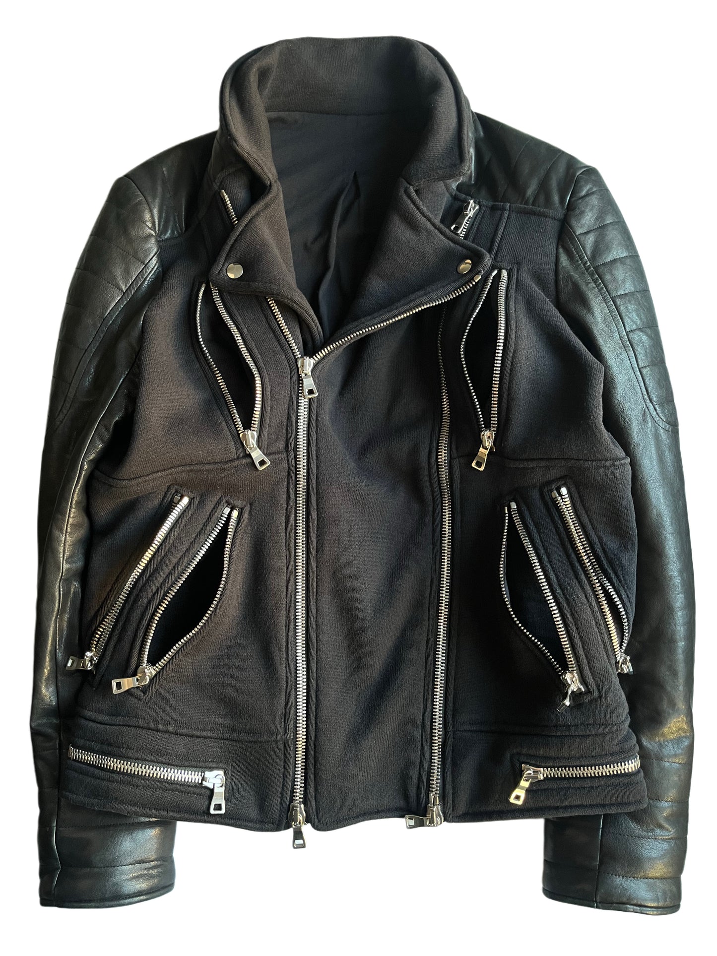 2015 BALMAIN leather & cotton biker jacket - size L - black