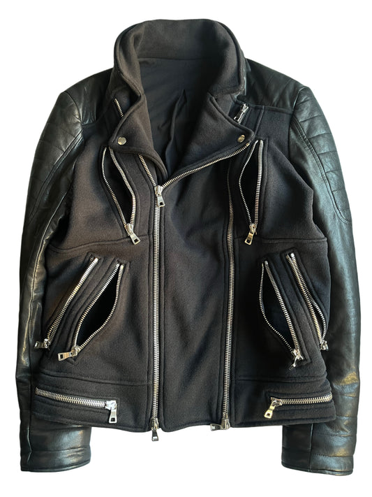 2015 BALMAIN leather & cotton biker jacket - size L - black