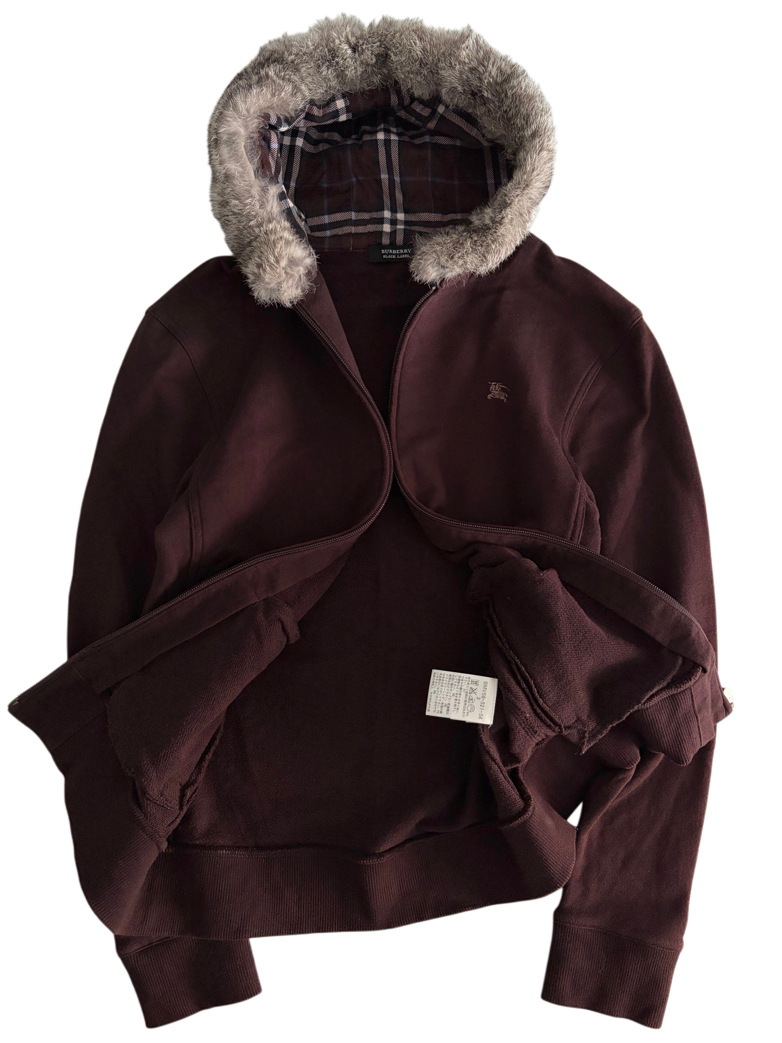 00’s BURBERRY rabbit fur zip hoodie - S - burgundy