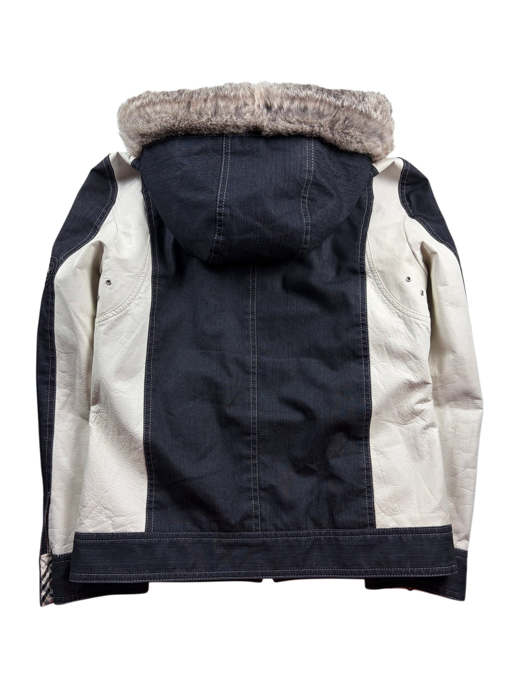 00’s BURBERRY Black Label leather & denim rabbit fur hooded jacket (S/M) - white & navy
