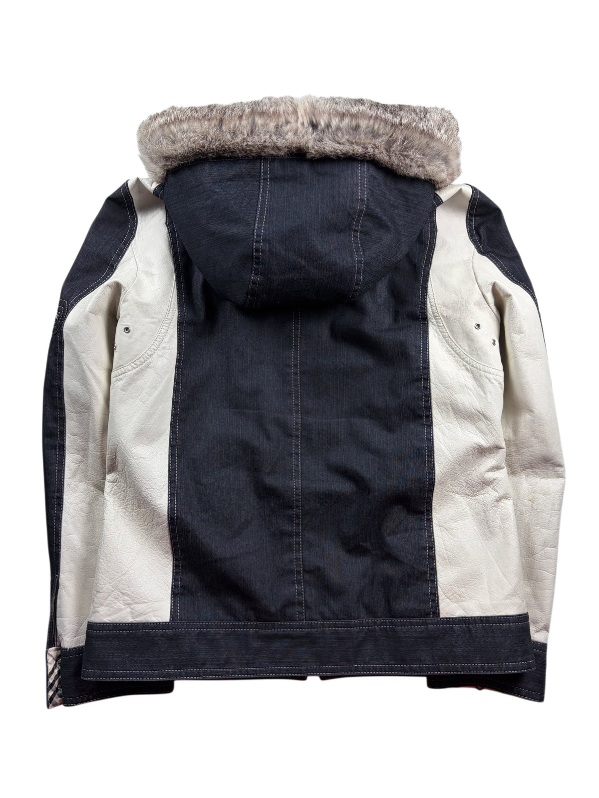 00’s BURBERRY Black Label leather & denim rabbit fur hooded jacket (S/M) - white & navy