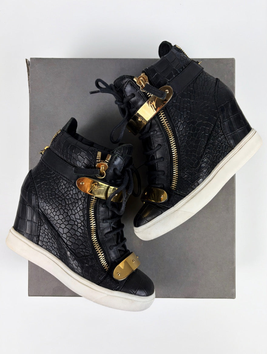 Giuseppe Zanotti black croc-embossed leather wedge sneakers - eu 36 / us 6