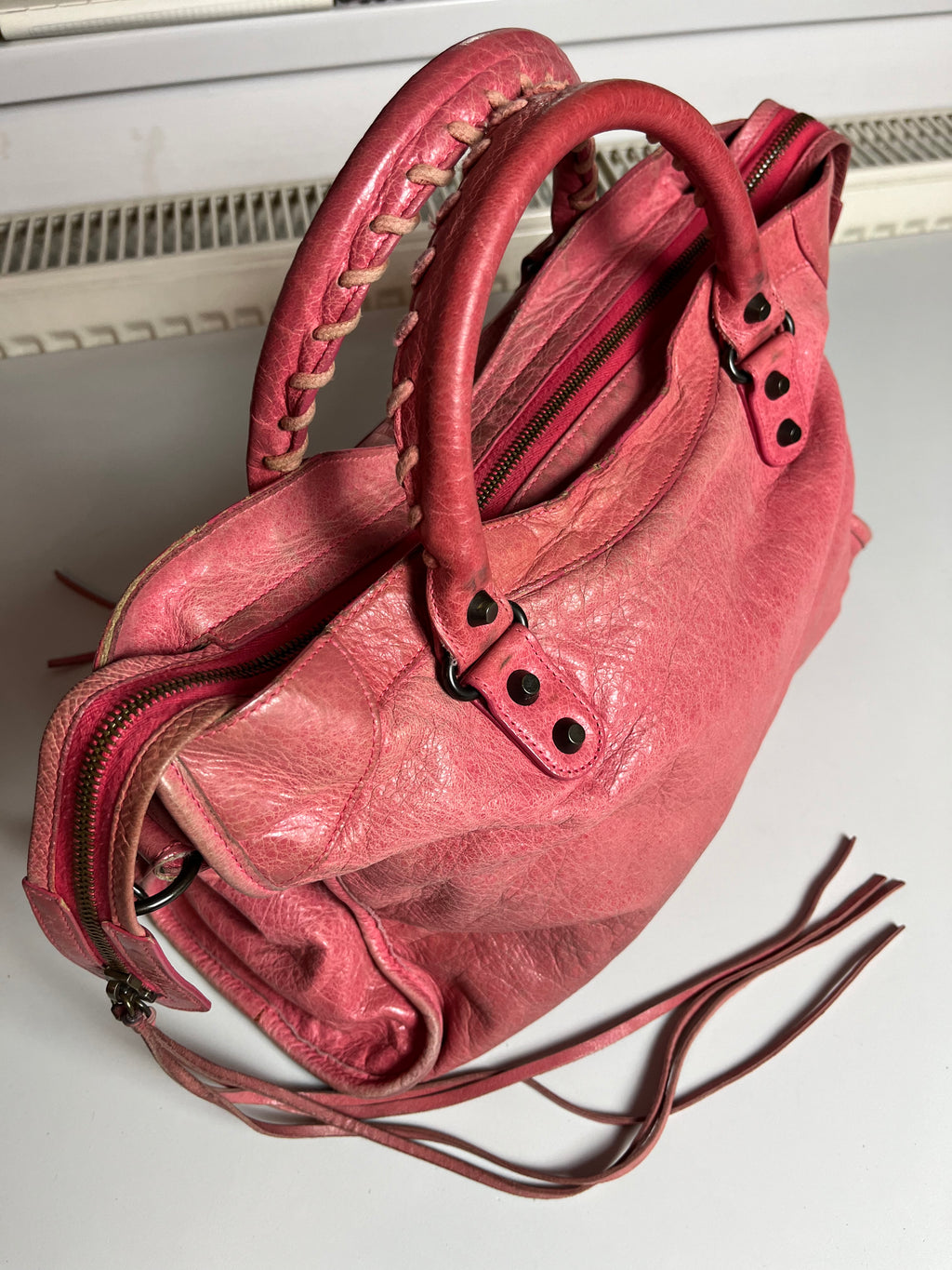 2011 BALENCIAGA Pink Lambskin Leather Motorcycle City Bag - pink