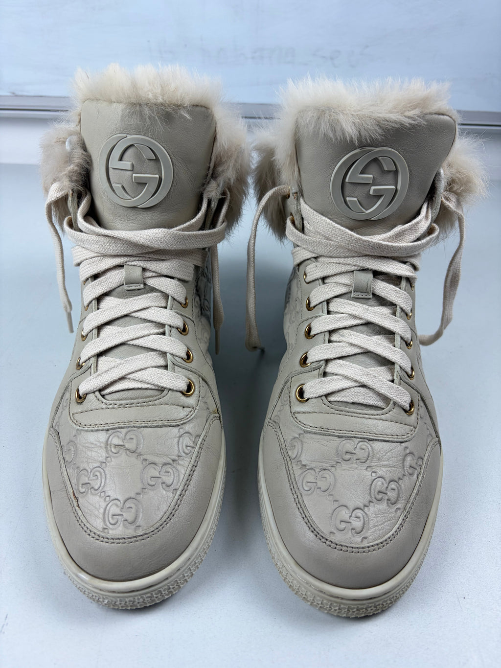 GUCCI Coda fur-trim high tops - eu 39 / us 9 / uk 6 - tan beige