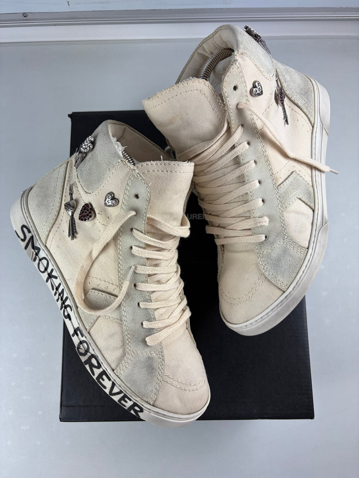 Saint Laurent ‘Smoking Forever’ canvas & suede high tops - eu41.5/us8.5/uk7.5