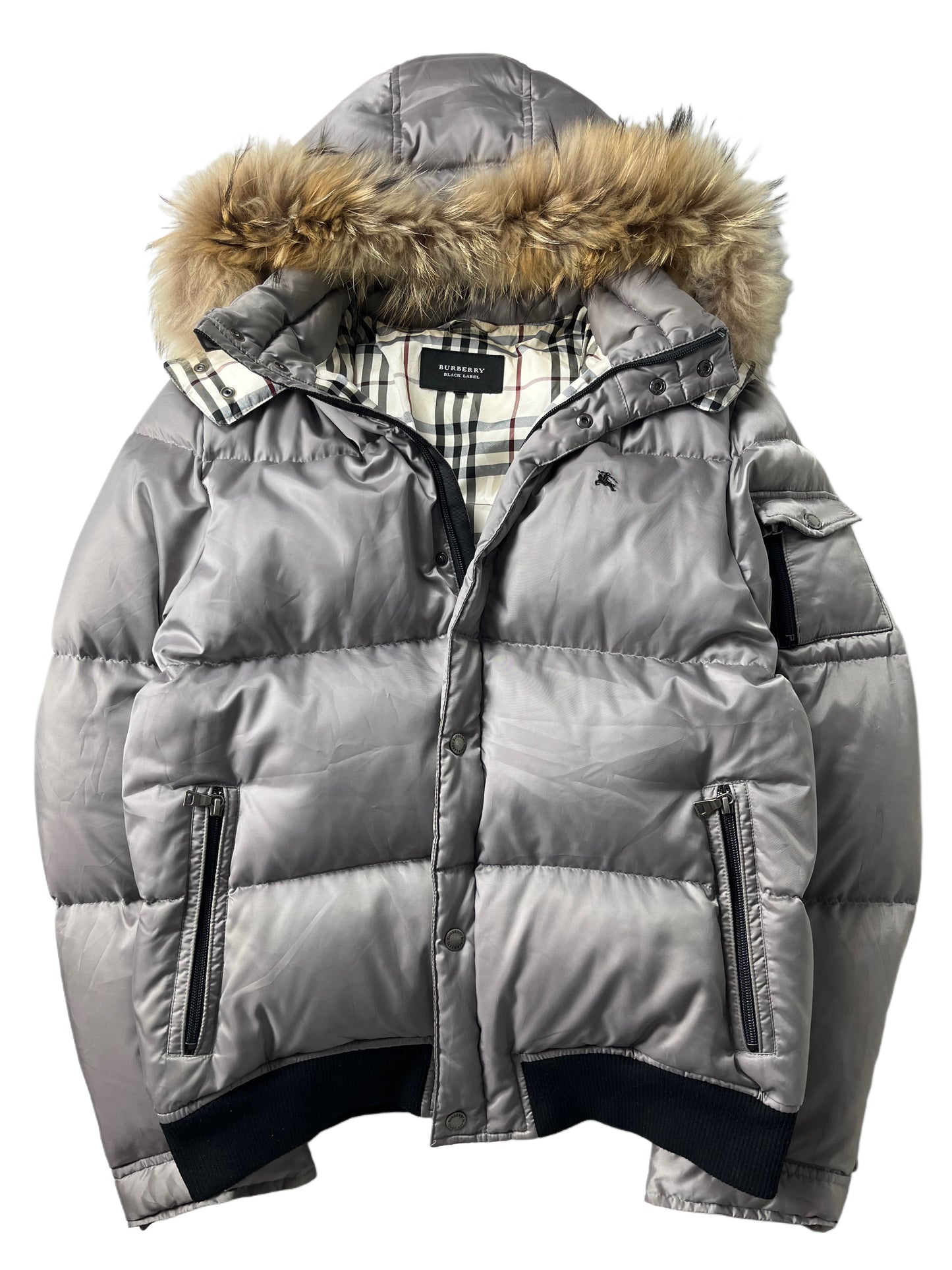 00’s BURBERRY made in Japan real fur down jacket (L/XL) - silver grey