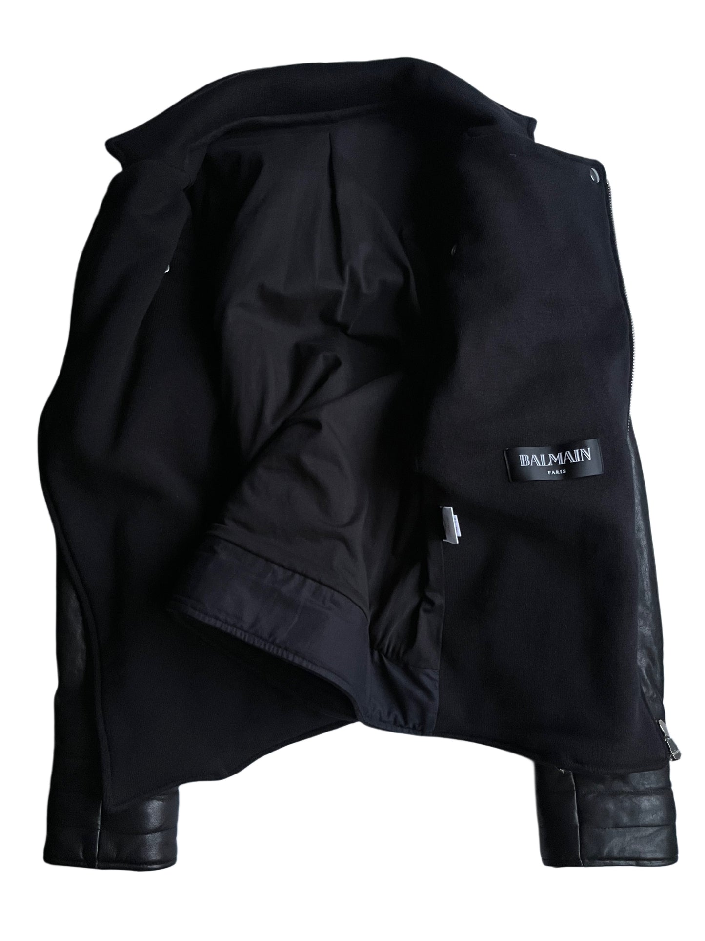 2015 BALMAIN leather & cotton biker jacket - size M - black