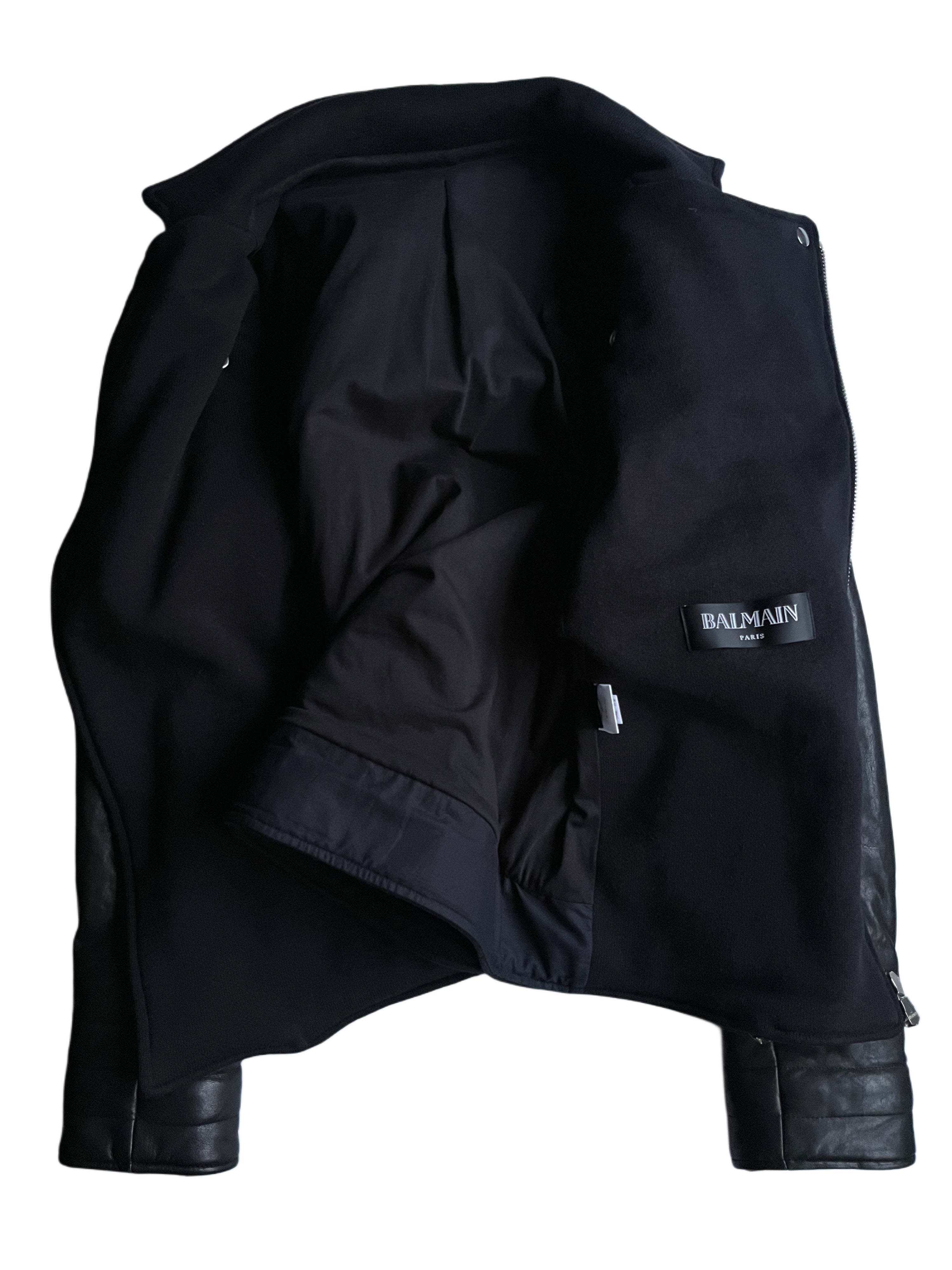2015 BALMAIN leather & cotton biker jacket - size M - black