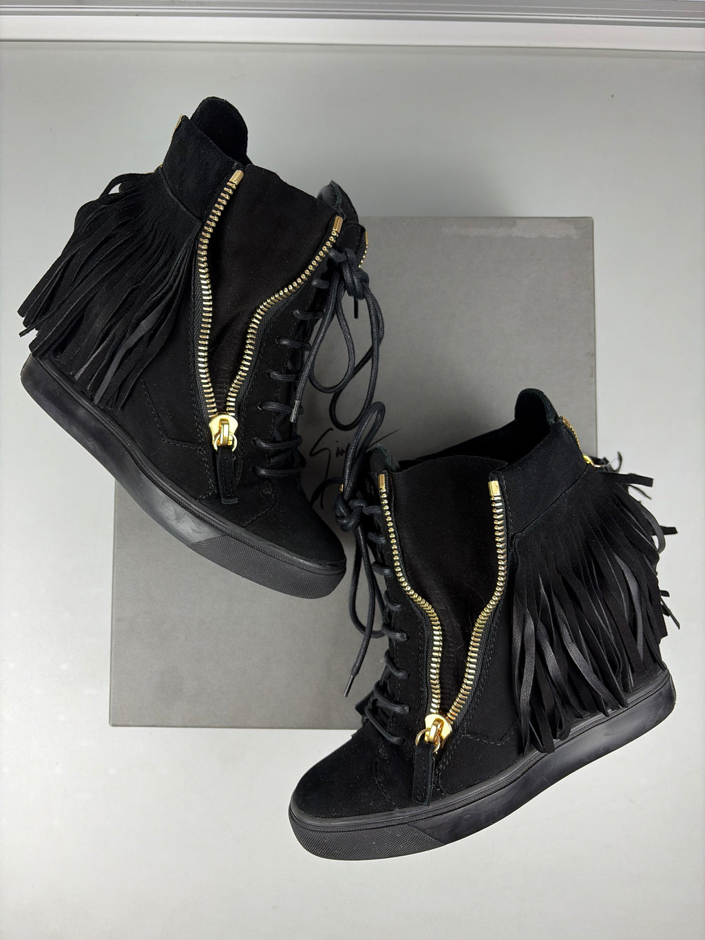 Giuseppe Zanotti black suede fringe wedge sneakers - eu 38 / us 8 / uk 5