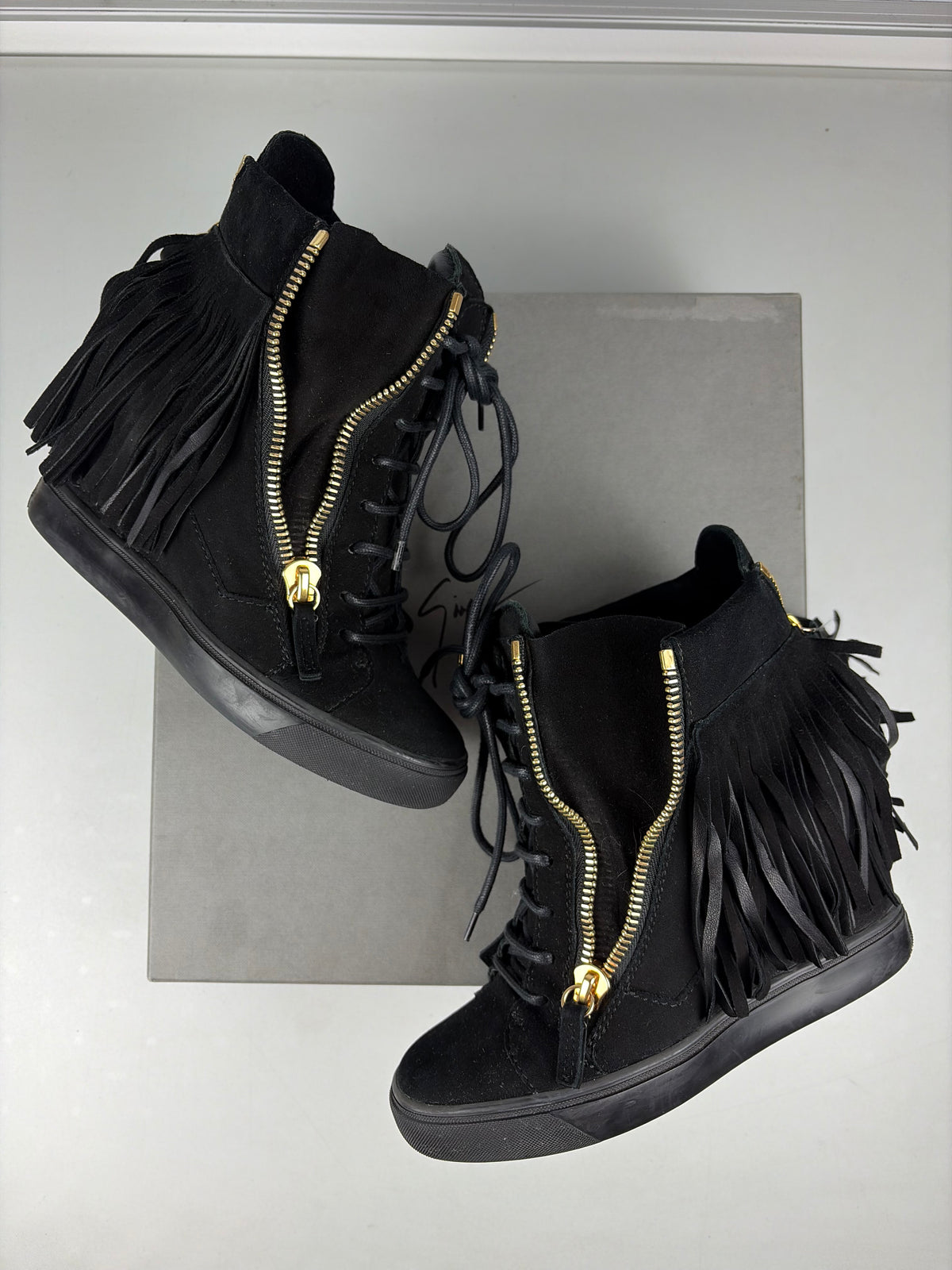 Giuseppe Zanotti black suede fringe wedge sneakers - eu 38 / us 8 / uk 5
