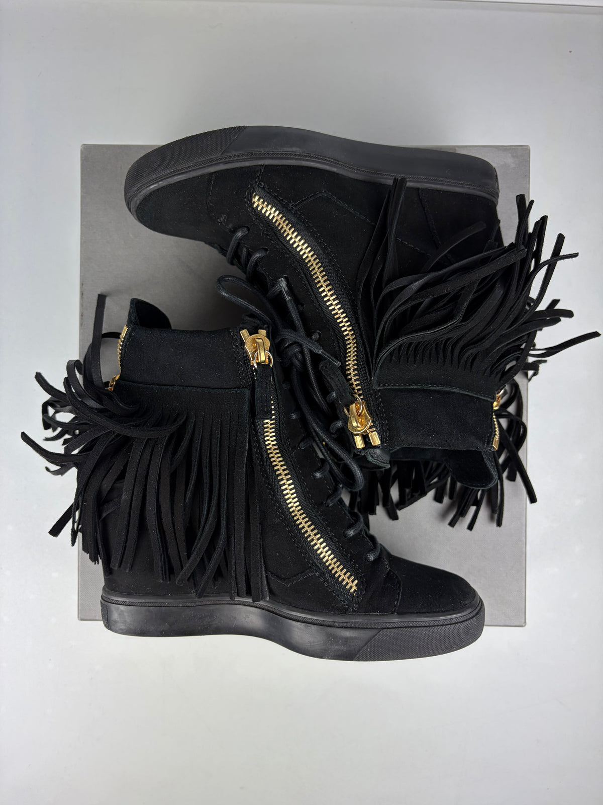 Giuseppe Zanotti black suede fringe wedge sneakers - eu 38 / us 8 / uk 5
