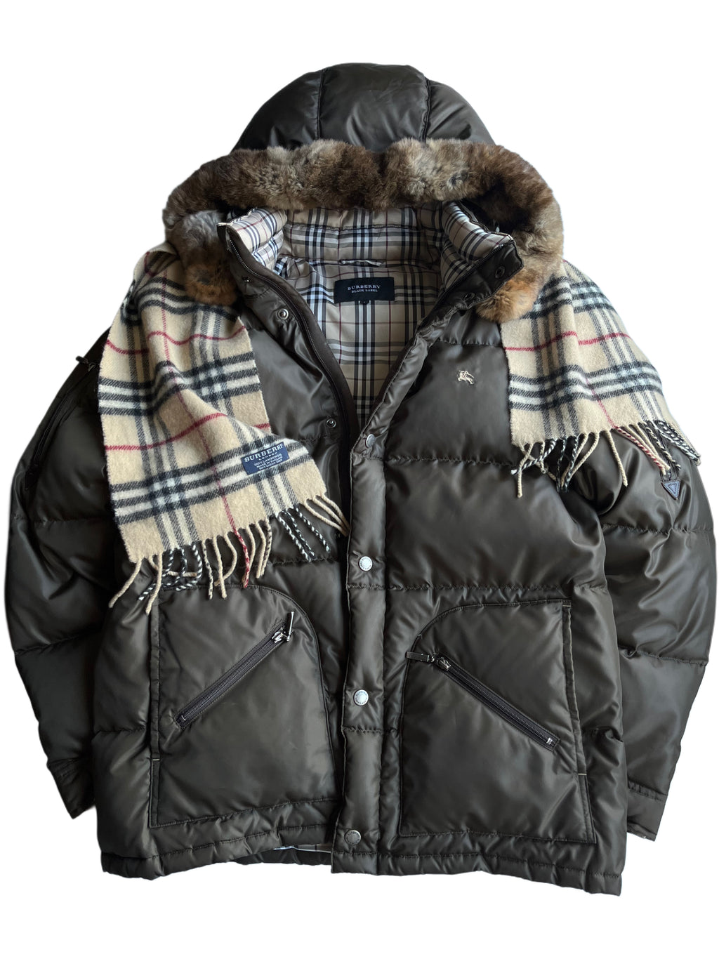 00’s BURBERRY made in Japan real fur down jacket (M/L) - olive green