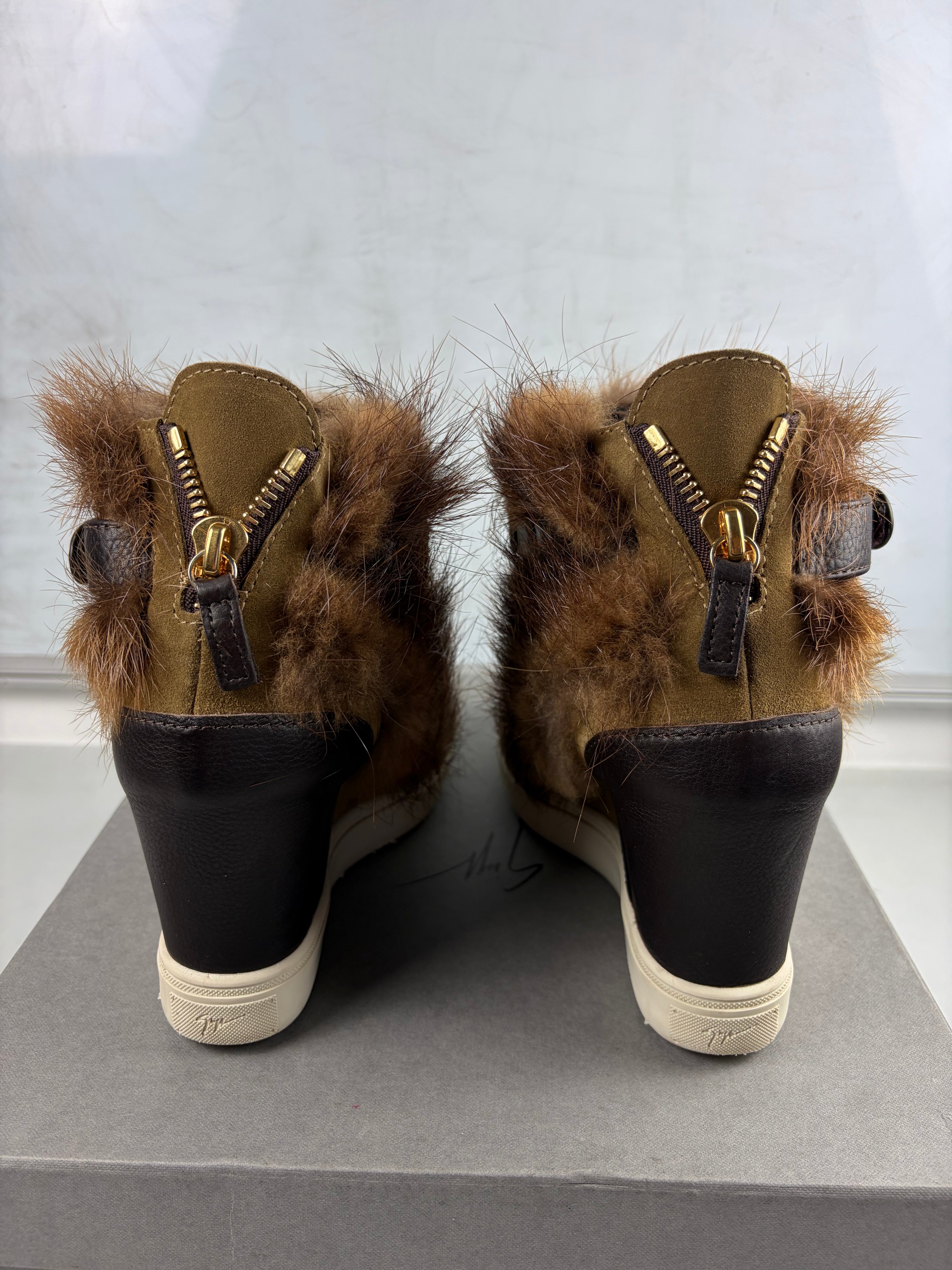 2012 Giuseppe Zanotti fur wedge sneakers - eu 39 / uk 6 / us 8 - brown