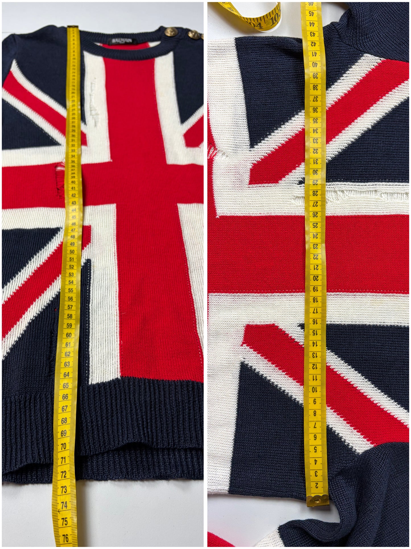 2016 BALMAIN runway distressed Union Jack knit sweater - size S/M