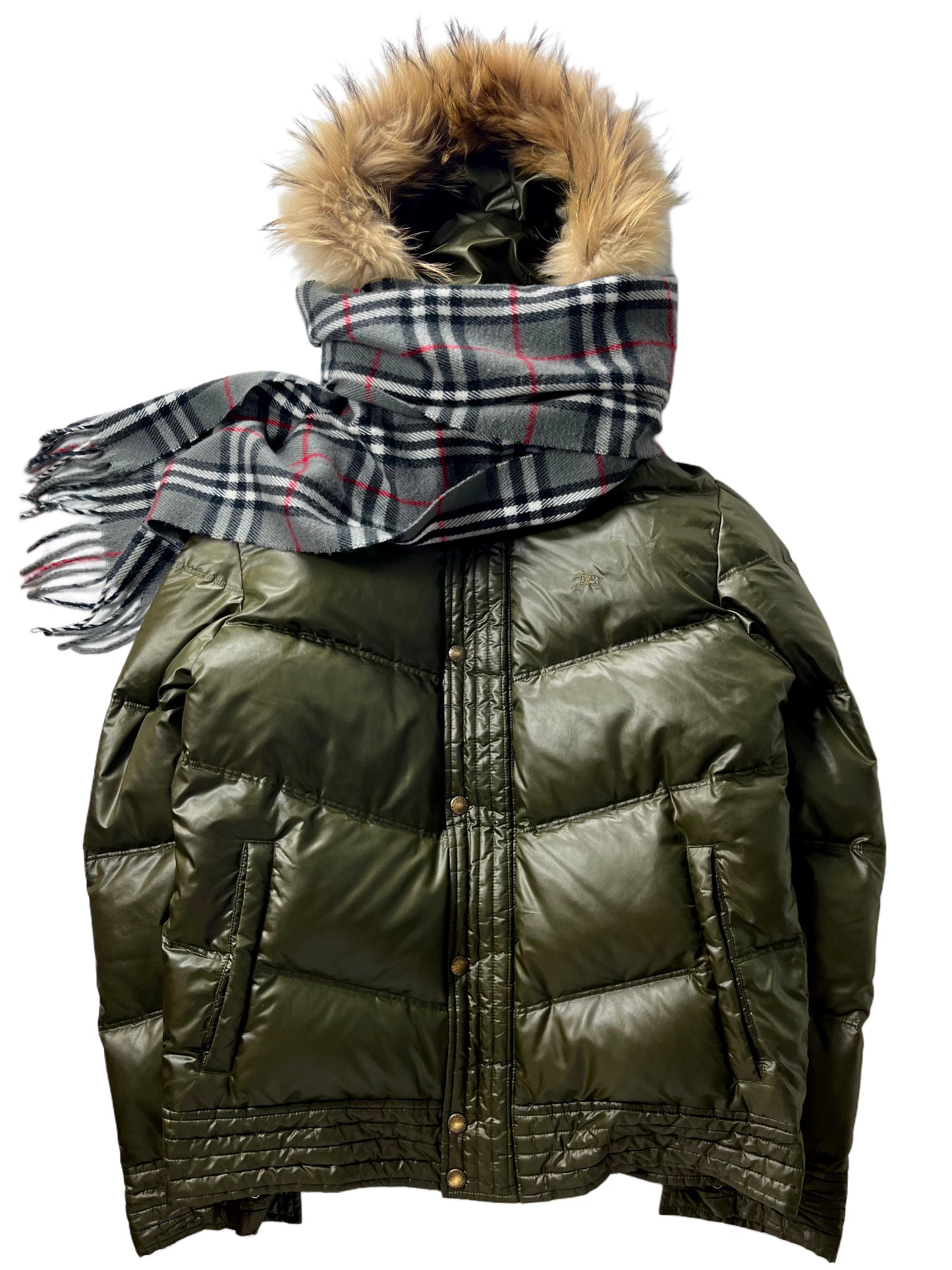 00’s BURBERRY made in Japan real fur down jacket (S/M) - dark green