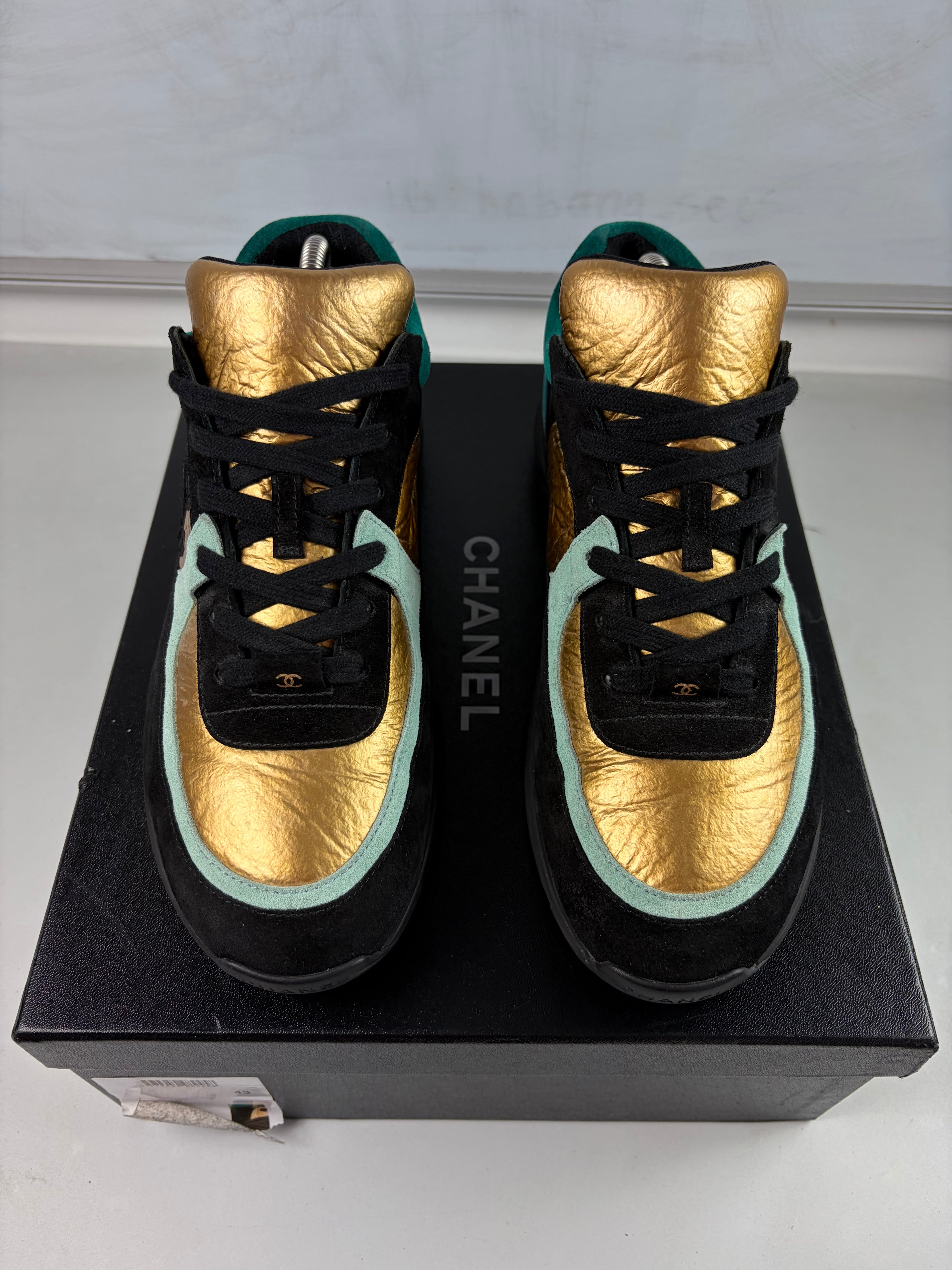 2019 CHANEL gold foil leather & suede sneakers - eu 43 / us 10