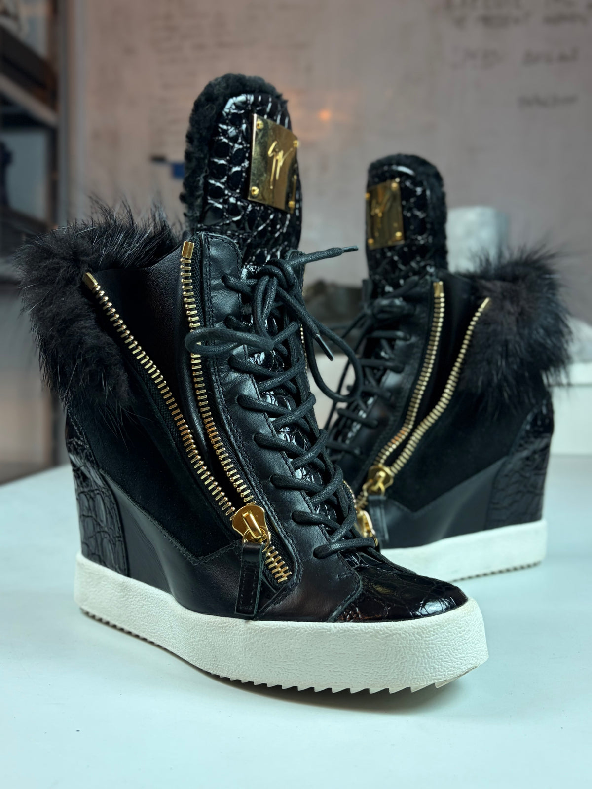 Giuseppe Zanotti fur & croc-embossed leather wedge sneakers - eu 39 / us 9 / uk 6 - black