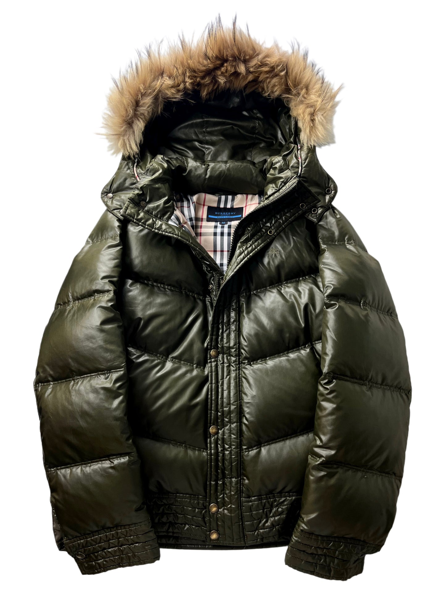 00’s BURBERRY made in Japan real fur down jacket (S/M) - dark green