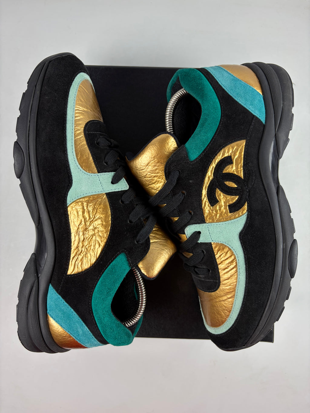 2019 CHANEL gold foil leather & suede sneakers - eu 43 / us 10