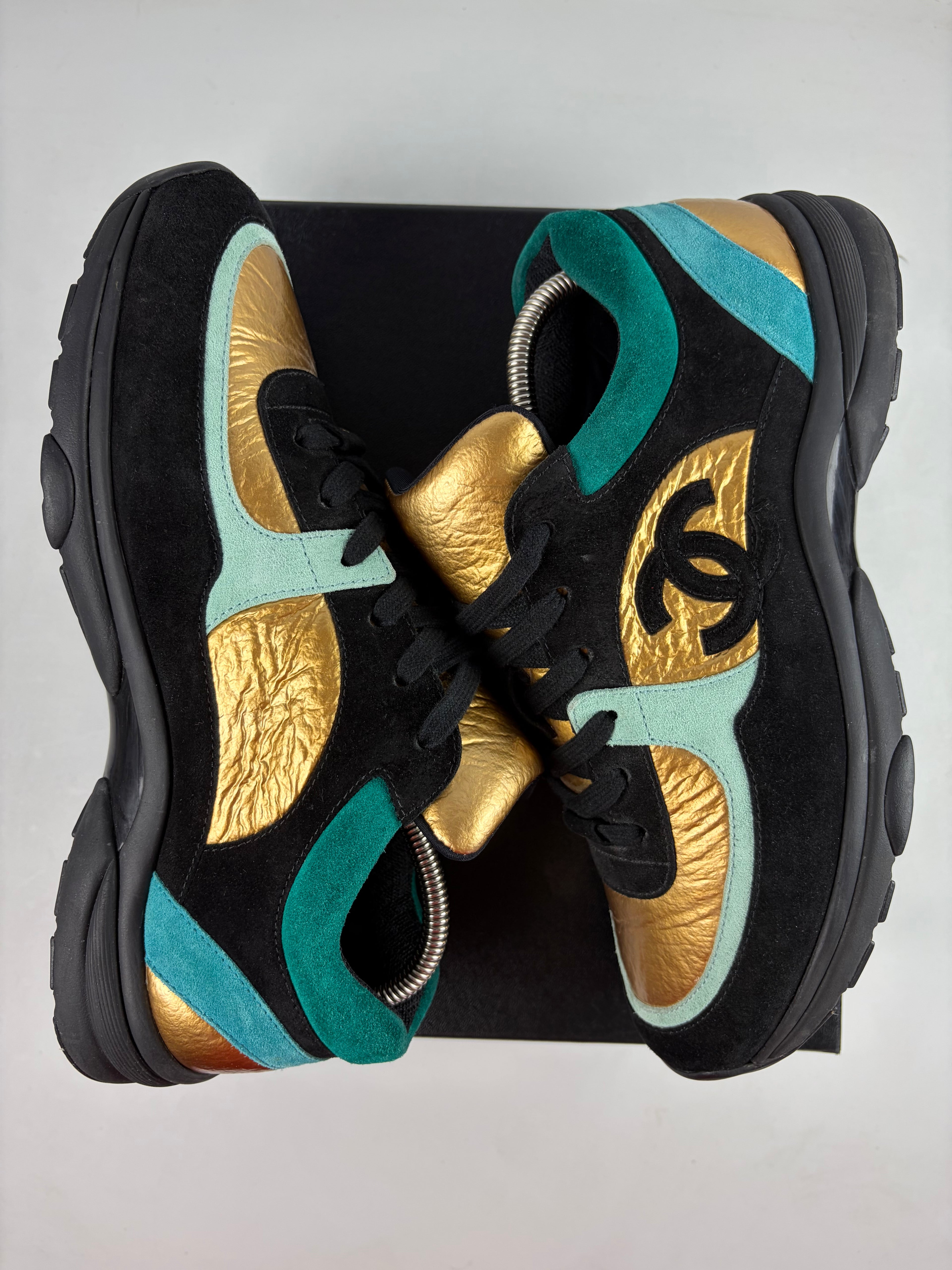2019 CHANEL gold foil leather & suede sneakers - eu 43 / us 10